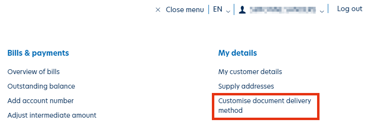 Customise document delivery method - menu