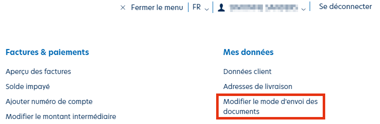 Modifier le mode d'envoi des documents - menu