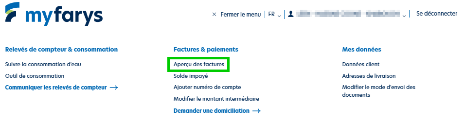MyFarys - Menu - Aperçu des factures