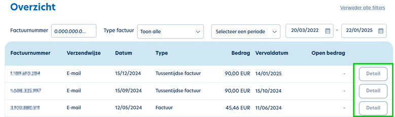 MyFarys - knop 'Detail' op overzicht van facturen